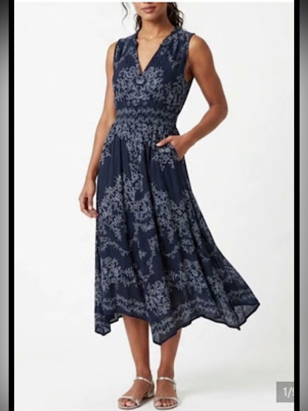 Bila Boho Blue Floral Print Maxi Dress Handkerchief Hem Smocked Waist